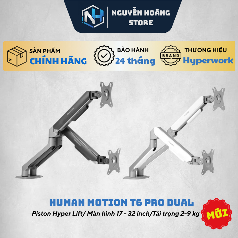 Giá treo Arm màn hình đôi Hyperwork Human Motion T6 Pro Dual Black/ White - Hàng chính hãng
