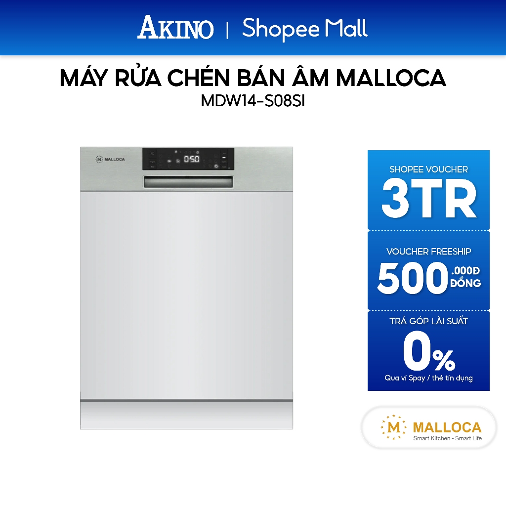 Máy rửa chén bán âm Malloca MDW14-S08SI - Hàng Chính Hãng