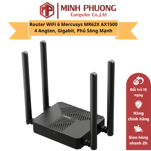 Router WiFi 6 Mercusys MR62X AX1500 – 4 Anten, Gigabit, Phủ Sóng Mạnh