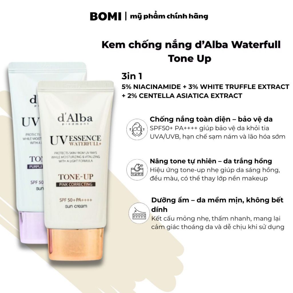 Kem chống nắng nâng tone d'AIba Waterfull TONE UP Sun Cream SPF50+ PA++++ – bảo vệ da, nâng tông nhẹ
