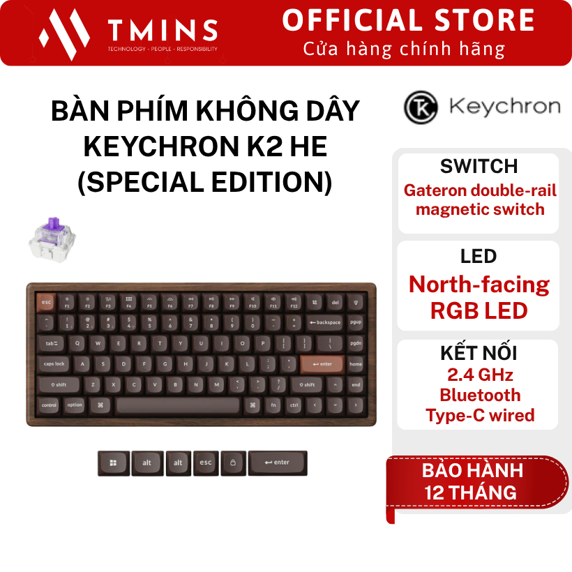 Bàn phím không dây Keychron K2 HE Wood Special Edition Hot-swappable RGB  - Hàng chính hãng
