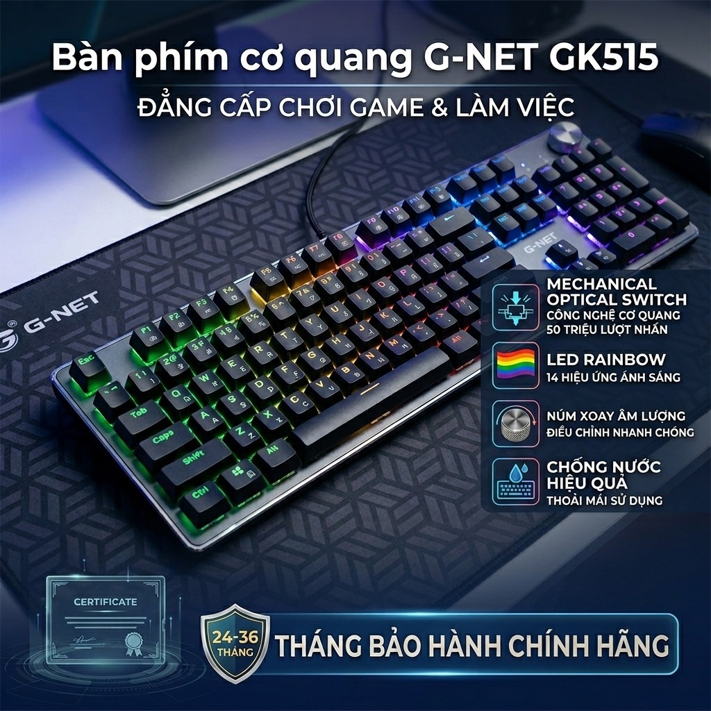 Bàn phím cơ quang G-NET GK515 LED Rainbow 104 phím, núm xoay âm lượng, chống nước, bảo hành 24 tháng