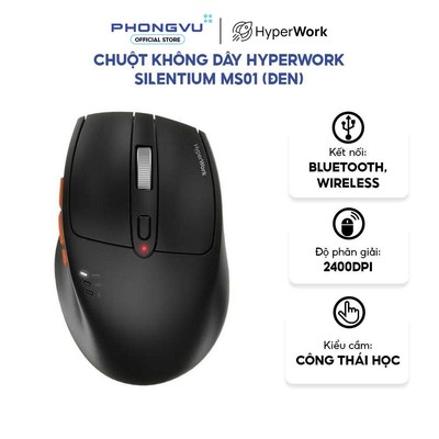 Chuột không dây HyperWork Silentium MS01 (Đen) - Bluetooth 5.1 & 2.4GHz - Bảo hành 12 tháng