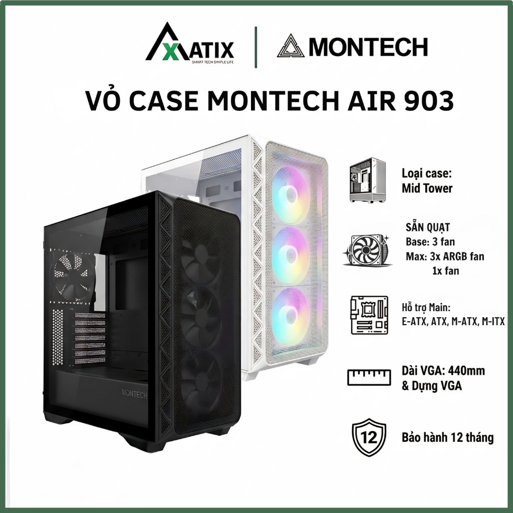 [CHÍNH HÃNG] Vỏ máy tính văn phòng MONTECH Air 903 E-ATX | Sẵn quạt - Bảo Hành 12 Tháng