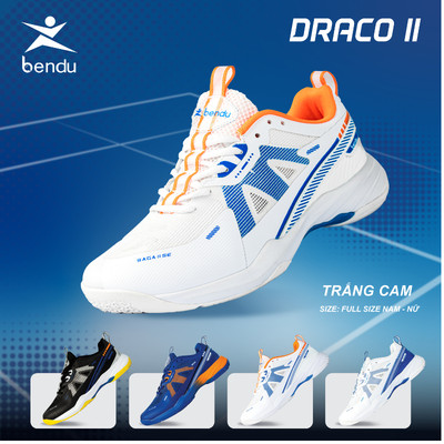 Giày Cầu Lông  BENDU DRACO II màu trắng cam đủ size nam , nữ nhẹ thoáng khí Pickleball,  bảo hành 12 tháng