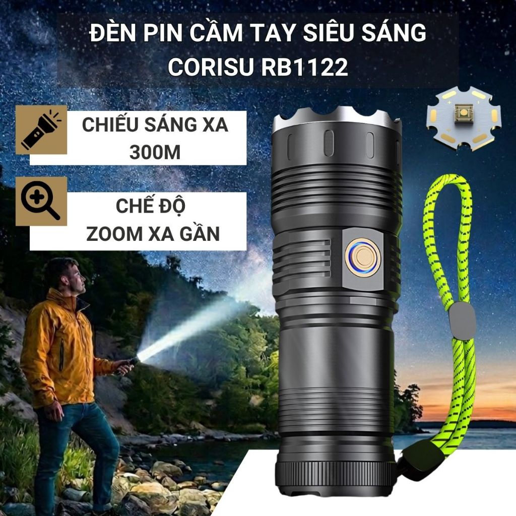 Đèn pin Corisu RB-1122 siêu sáng cầm tay chiếu xa 500m có zoom xa gần chống nước sạc ngược cho điện 