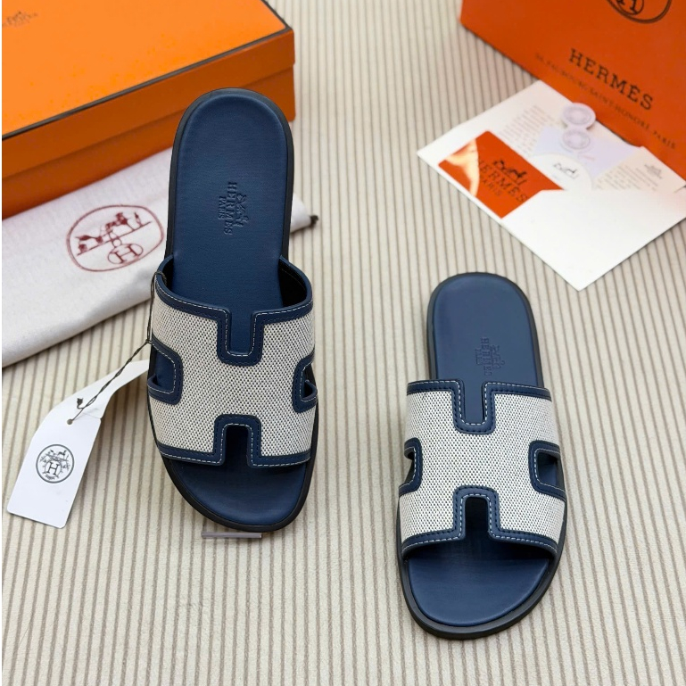 [Tặng Kèm Hộp] Dép HM Oran Canvas Phối Da Xanh Navy
