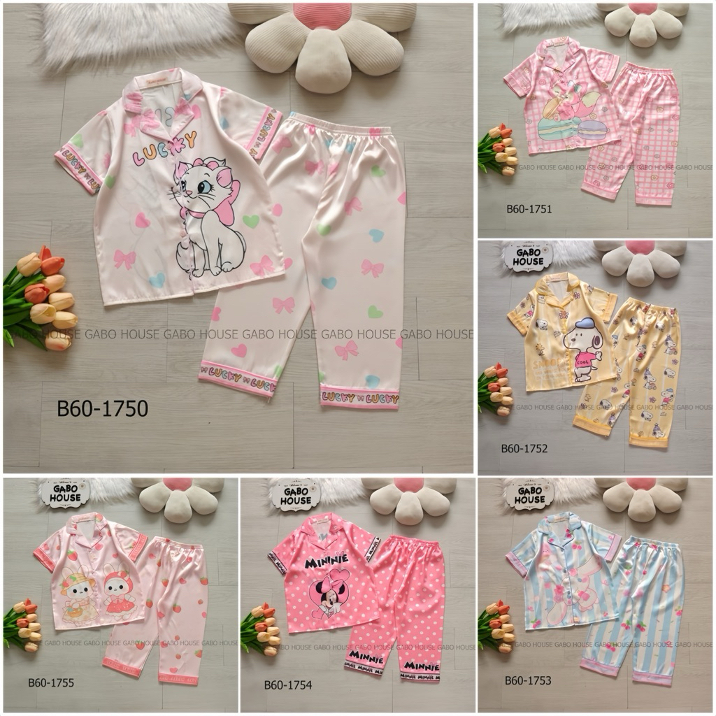 Bộ quần áo pijama lụa latin tay ngắn quần dài cho bé gái in hoạt hình GABO HOUSE B60