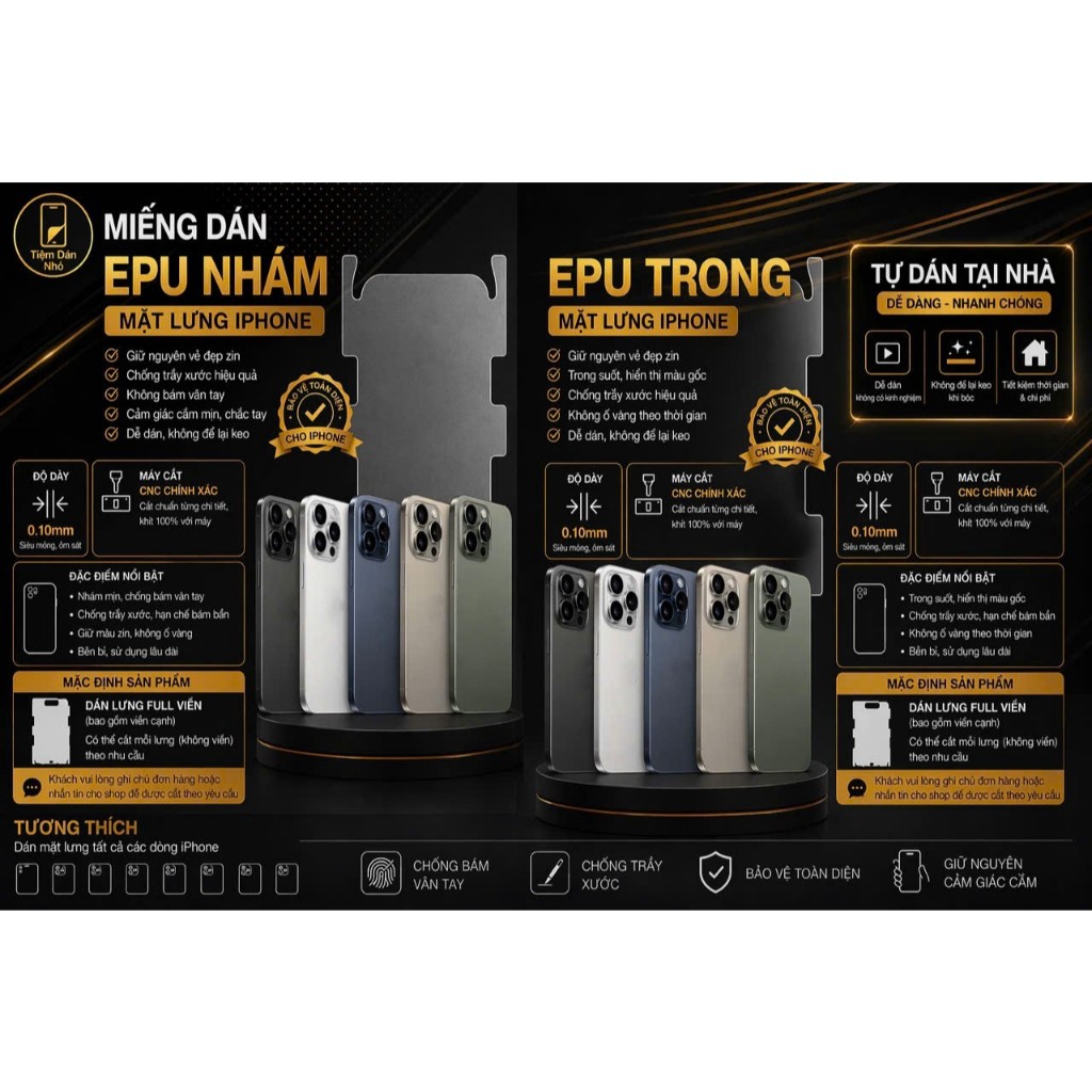 Miếng dán lưng IP 17/ 17 Plus/ 17 pro/ 17 Pro max/ 17e PPF trong - nhám bảo vệ điện thoại