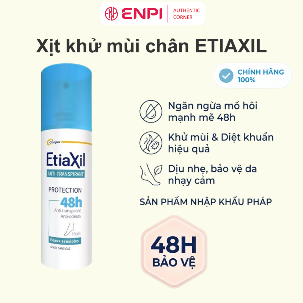 Xịt khử mùi chân EtiaXil Anti Transpirant Protection 48H ngăn mồ hôi không bết dính