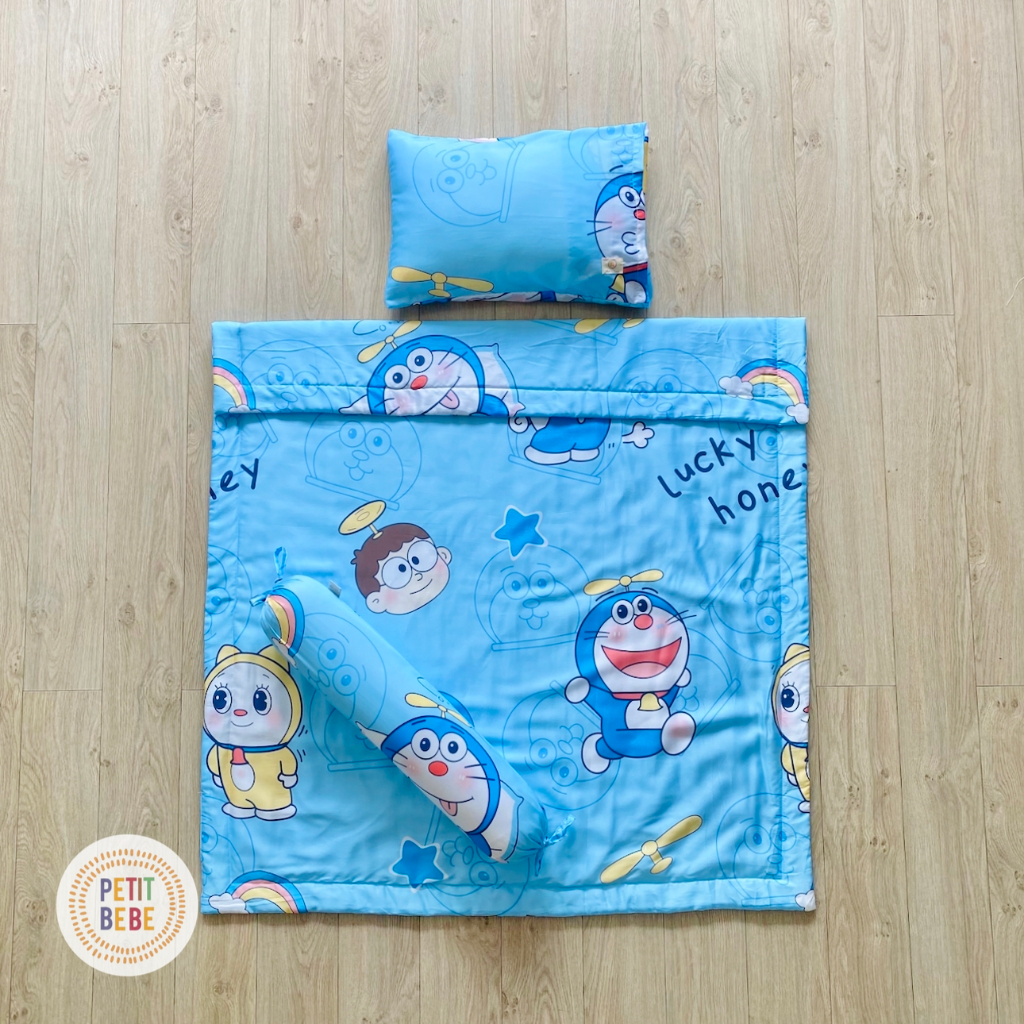 Bộ chăn gối cho bé đi học Doraemon tencel 60s PETIT BEBE thoáng mát gấp gọn