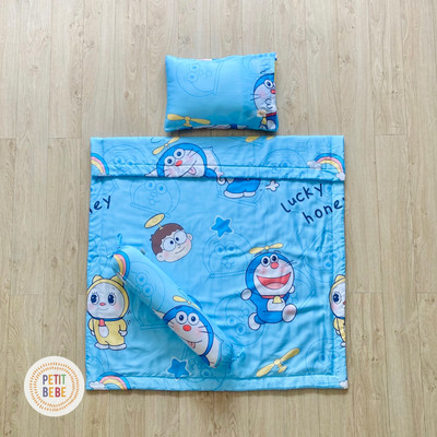 Bộ chăn gối cho bé đi học Doraemon tencel 60s PETIT BEBE thoáng mát gấp gọn