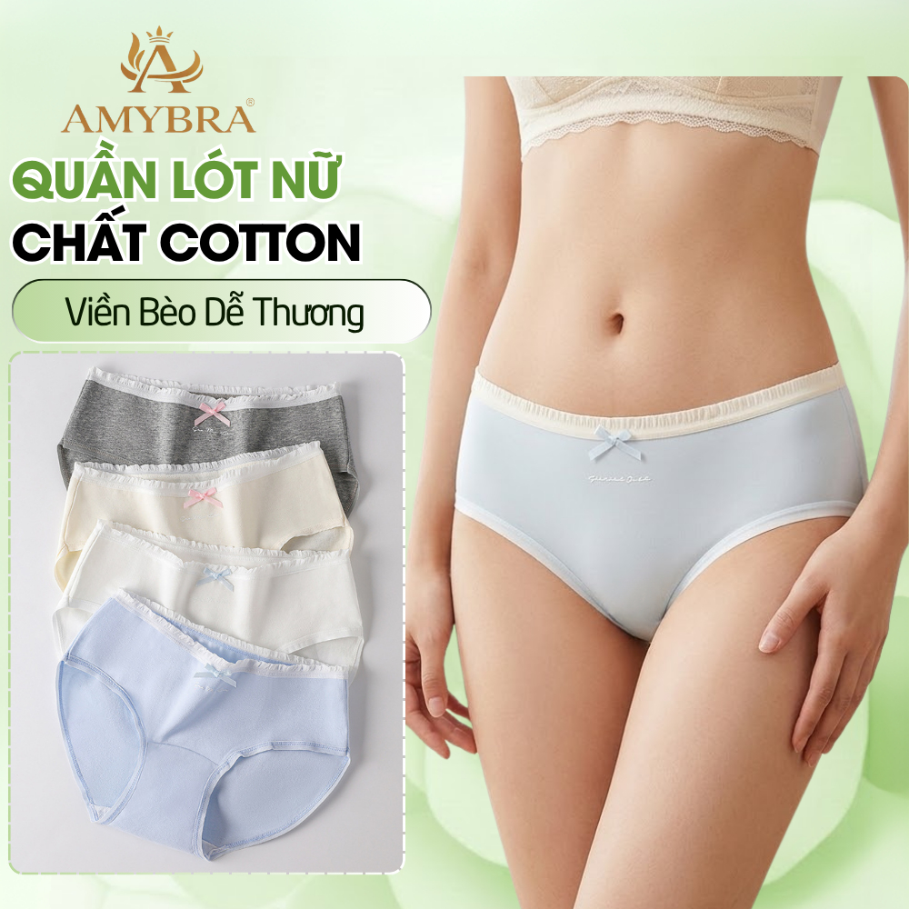 Quần lót cotton trơn phối viền nơ bèo, Quần chip nữ cotton kháng khuẩn thấm hút tốt AMYBRA L4119