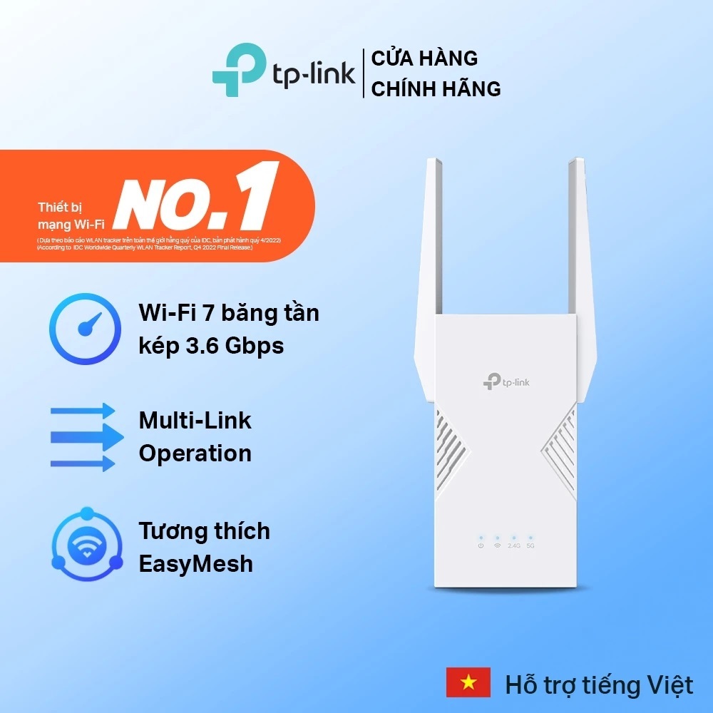 Bộ Mở Rộng Sóng WiFi 7 TPLink RE235BE Băng Tần Kép BE3600, Tương Thích EasyMesh, MLO, Ethernet Multi