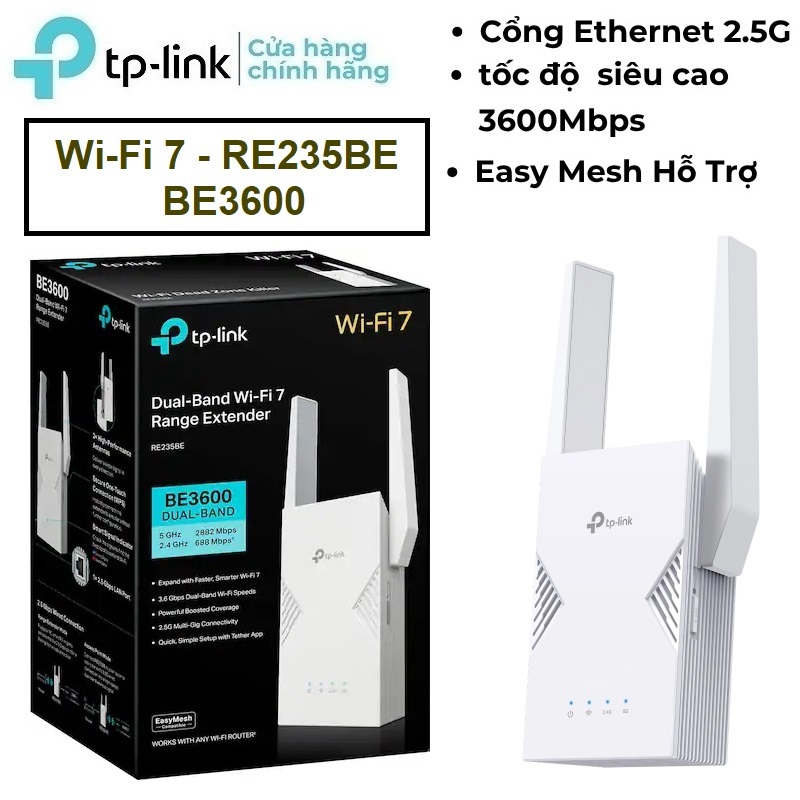 Bộ Kích Sóng WiFi 7 TPLink RE235BE Băng Tần Kép BE3600, Tương Thích EasyMesh, MLO, Cổng Ethernet Mul
