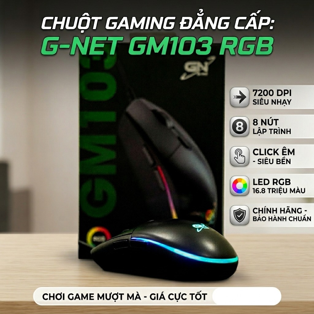 Chuột gaming G-NET GM103 RGB 7200 DPI, 8 nút, click êm, led đẹp, chơi game mượt, chính hãng giá tốt