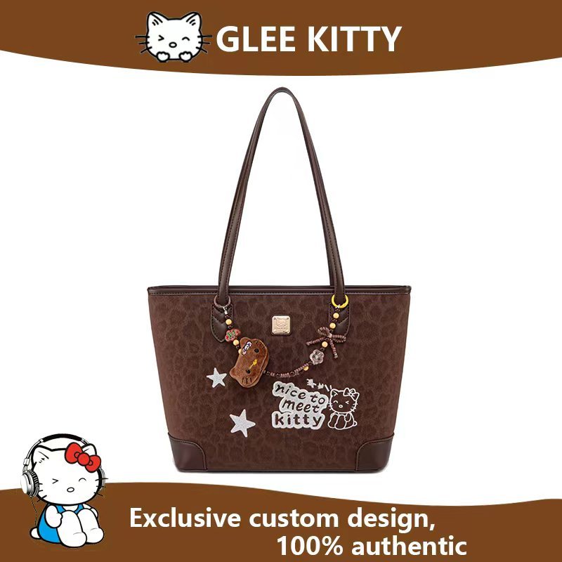 GLEE KITTY Túi Tote Màu Nâu Thêu Dễ Thương Túi Đeo Một Bên Vai Nữ Sức Chứa Lớn Đi Học Đi Làm