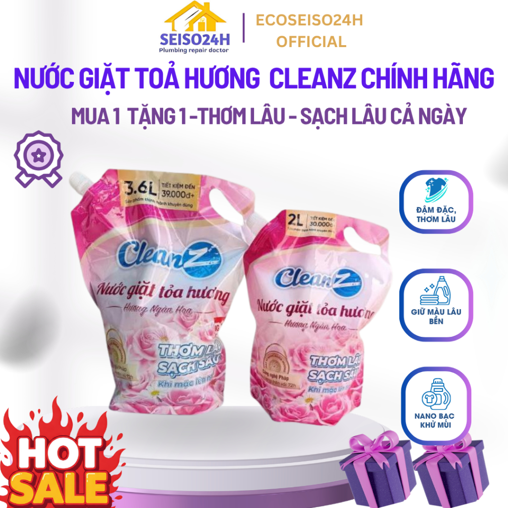 (Mua 1 tặng 1) Nước giặt xả CleanZ Công Nghệ Kép Sạch Sâu, Lưu Hương Lâu Dài, Bảo Vệ Màu Quần Áo