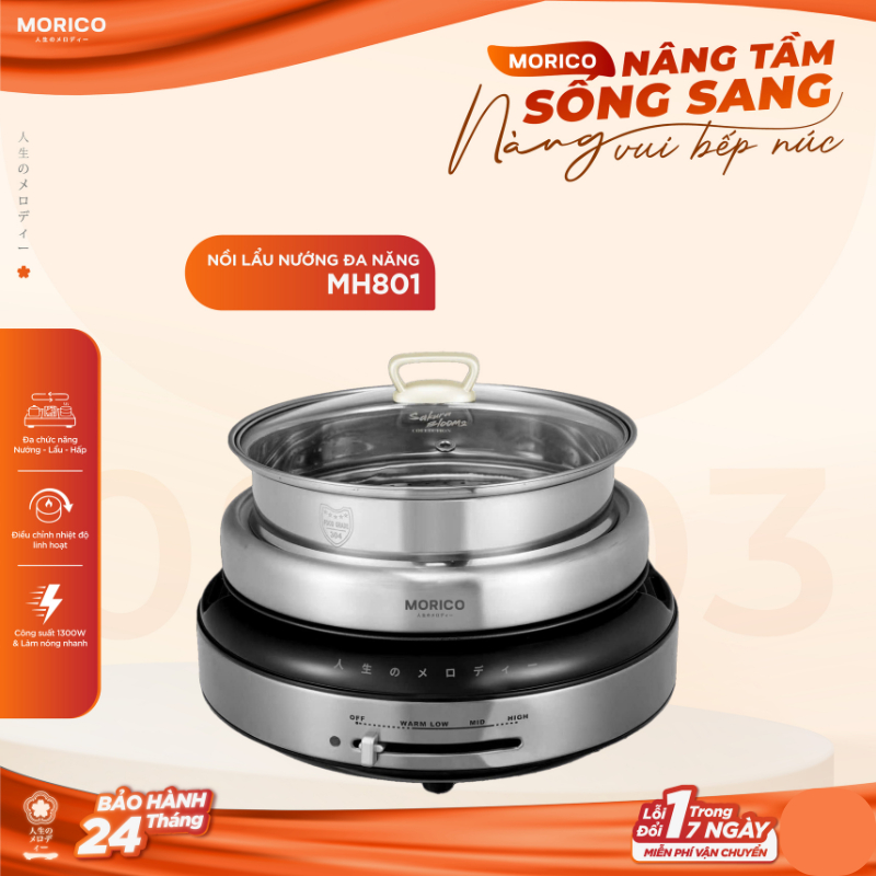 Nồi Lẩu Nướng Hấp 3in1 Morico MH801 – Công Suất 1300W,Inox 304 Chống Dính, Đa Năng Cho Gia Đình