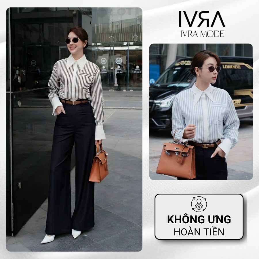 Áo sơ mi nữ công sở dài tay, Áo sơ mi kẻ sọc xanh trắng phối cổ nhọn tôn dáng thanh lịch hiện đại A2