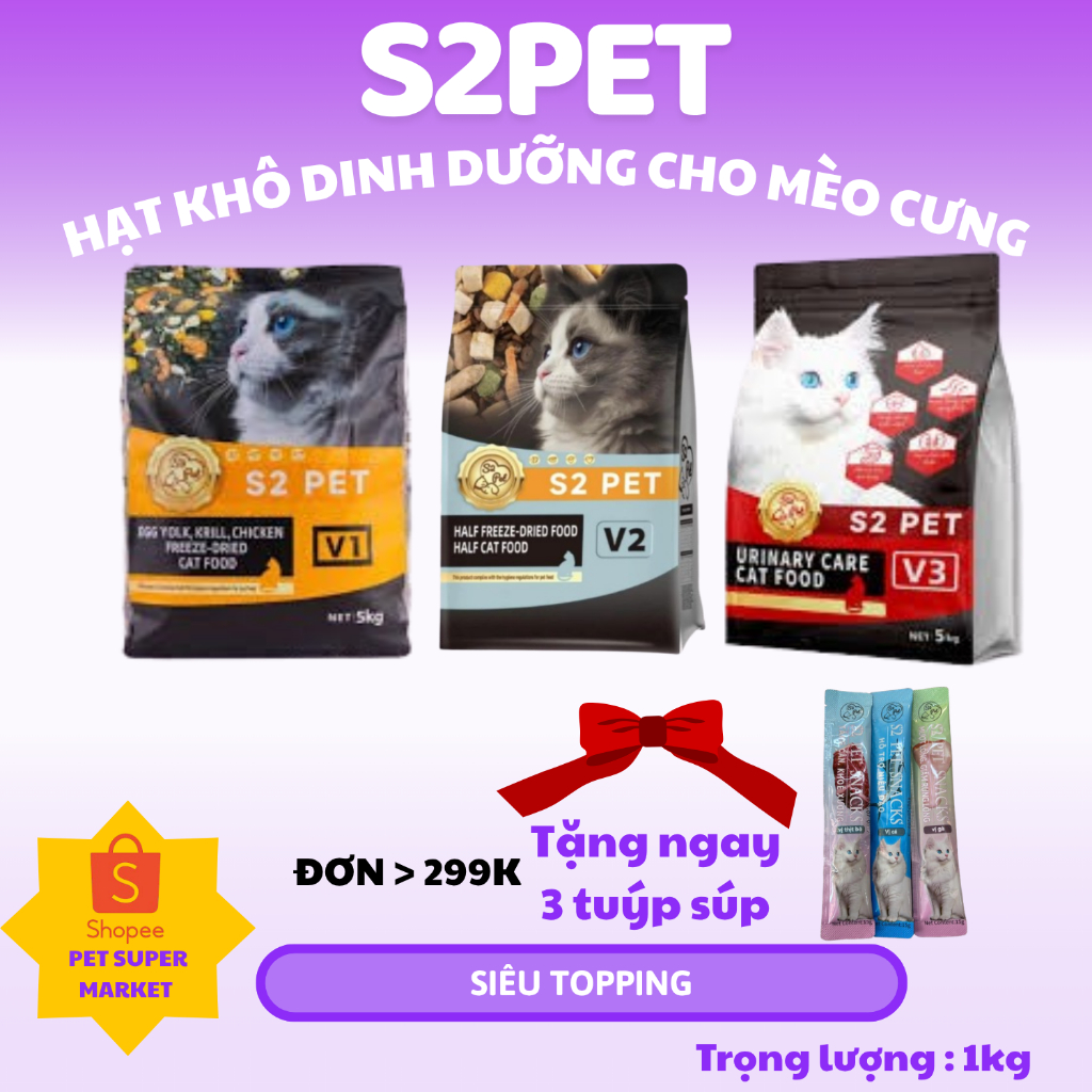 [ 1KG ] Hạt thịt sấy siêu Topping S2 PET V1-V2-V3 dành cho mèo mọi lứa tuổi