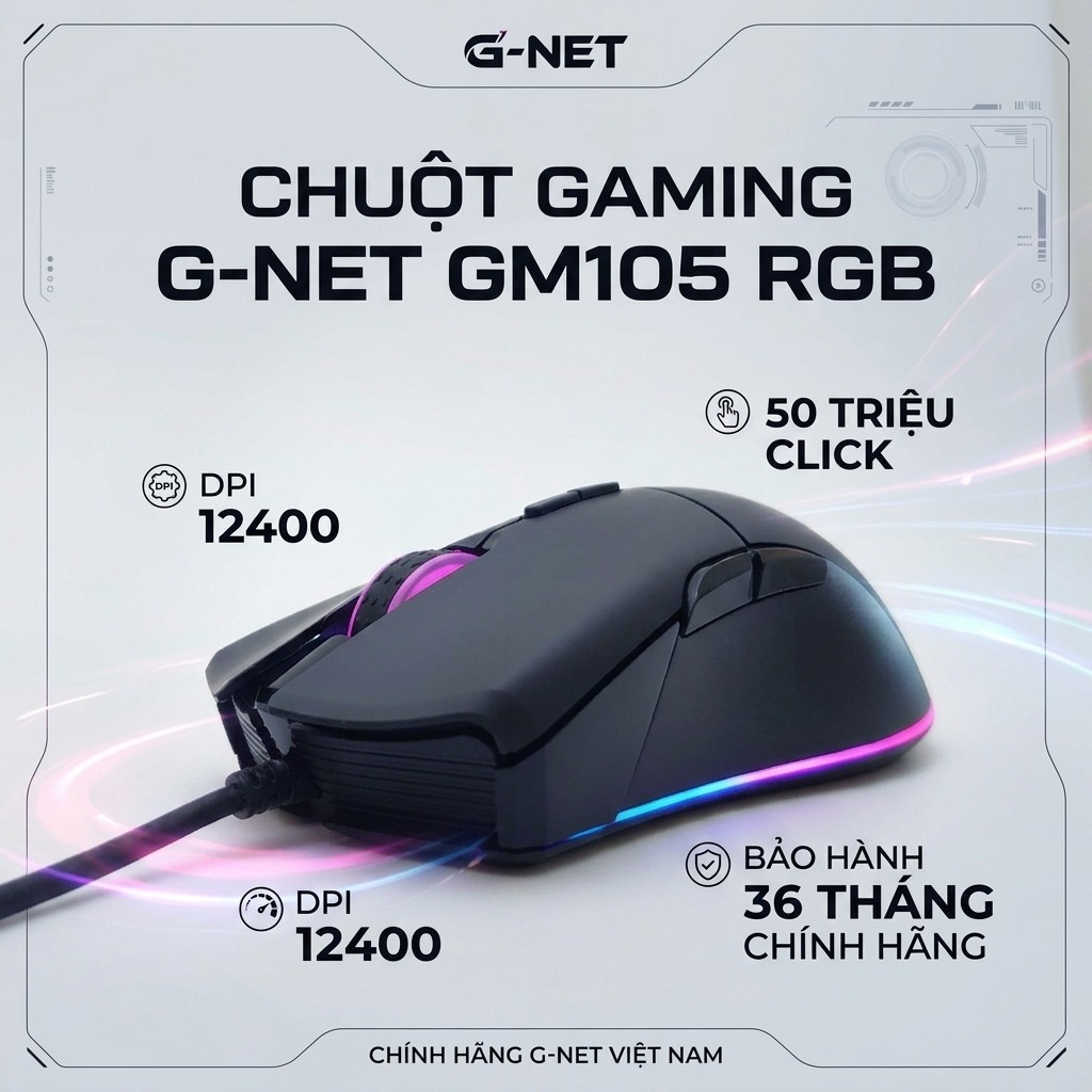 Chuột gaming G-NET GM105 RGB DPI 12400 LED đẹp, 50 triệu click, bảo hành 36 tháng chính hãng