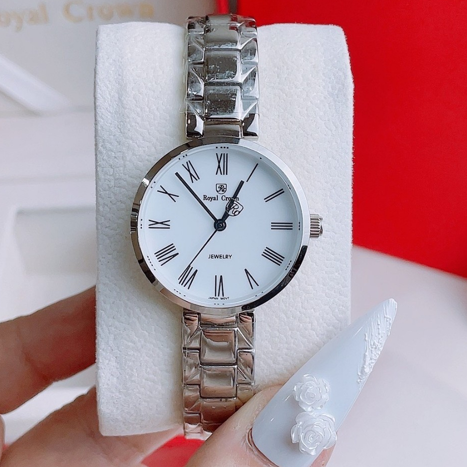Đồng Hồ Nữ Royal Crown 2601 Dây Thép Trắng Mặt Số La Mã 26mm