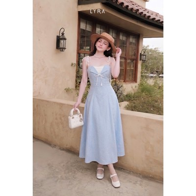 LYRA - Váy Đầm Maxi 2 Dây Kẻ Xanh Phối Ren Đính Nơ Dáng Xòe Phong Cách Nàng Thơ Nhẹ Nhàng VSYVD0213