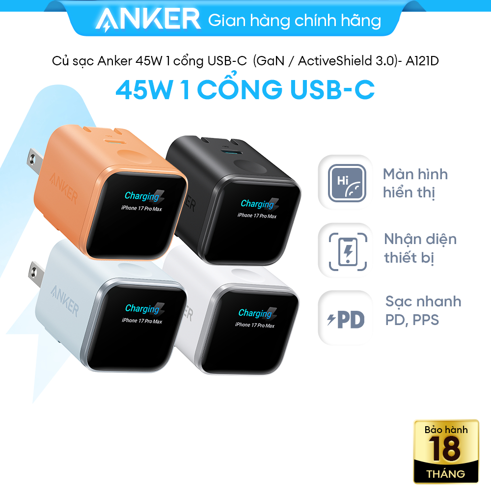 [ANKER] Củ Sạc Nhanh Anker Nano 45W | Màn Hình LED | Chân gập 180° | Sạc iPhone 15/16/17, Samsung, i