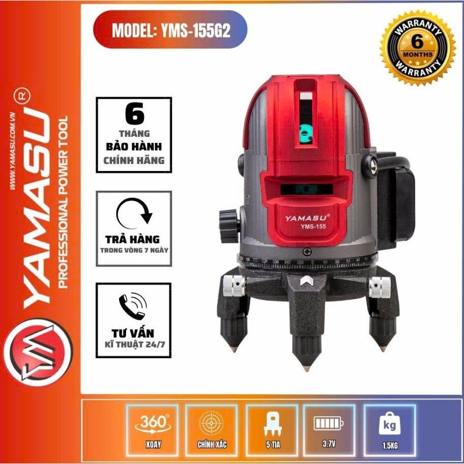 Máy cân mực laser YAMASU YMS-155G2 với 5 tia xanh siêu sáng, bảo hành trên toàn quốc (KHÔNG KÈM CHÂN