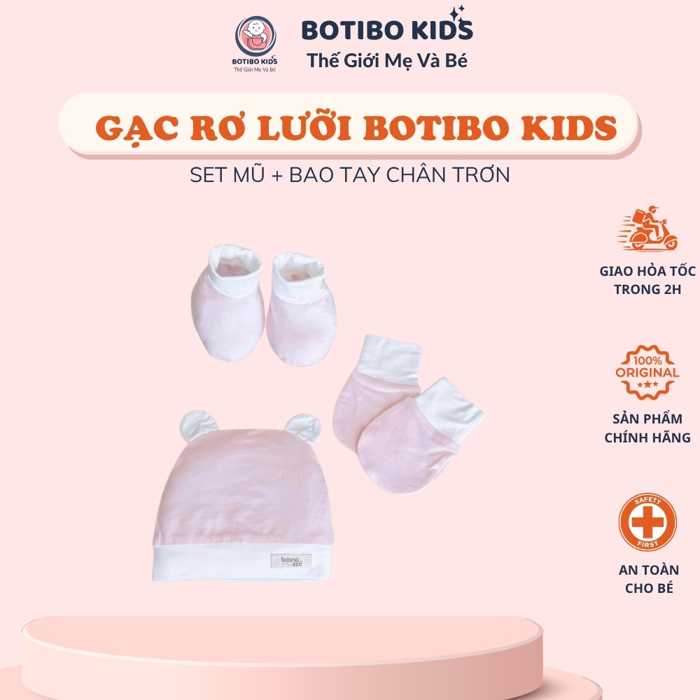 (ECO TRƠN) Bộ Mũ Tai Gấu Và Bao Tay Bao Chân Màu Trơn BOONA Chất Vải Sợi Tre Bamboo Eco Cao Cấp Mềm 