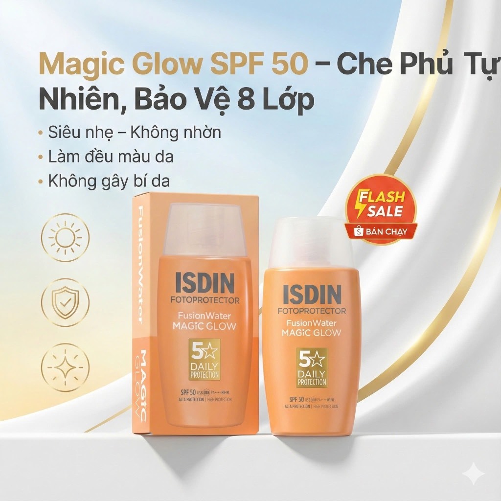 Kem Chống Nắng Trang Điểm Isdin Fusion Water Magic Glow 50ml - Mỏng nhẹ thấm nhanh không bết rít