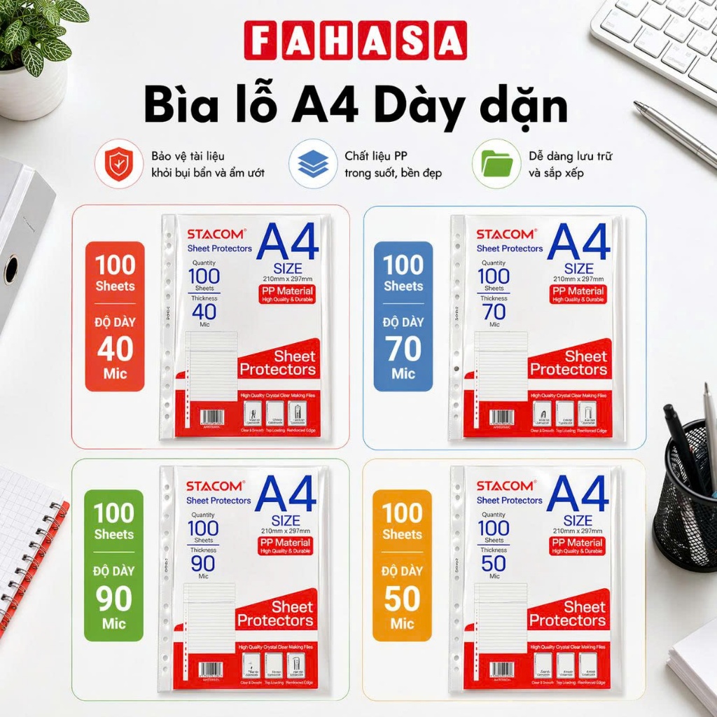 Bìa Lá/Bìa Lỗ A4 Dày Dặn Stacom/Officetex