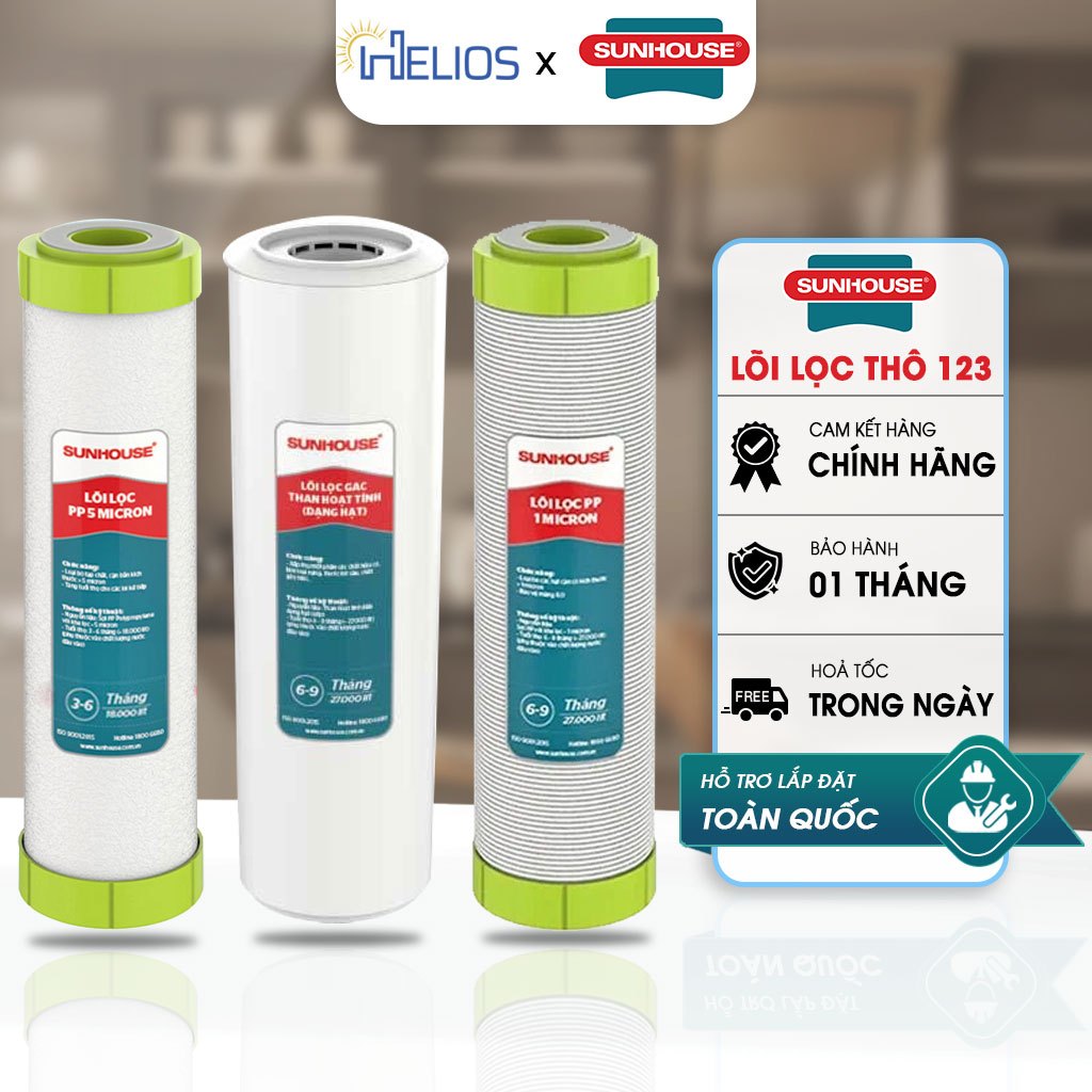 Bộ 3 Lõi Lọc Thô Sunhouse Chính Hãng Dùng Cho Các Loại Máy Lọc Nước RO Sunhouse - Cốc Lọc 10 Inch
