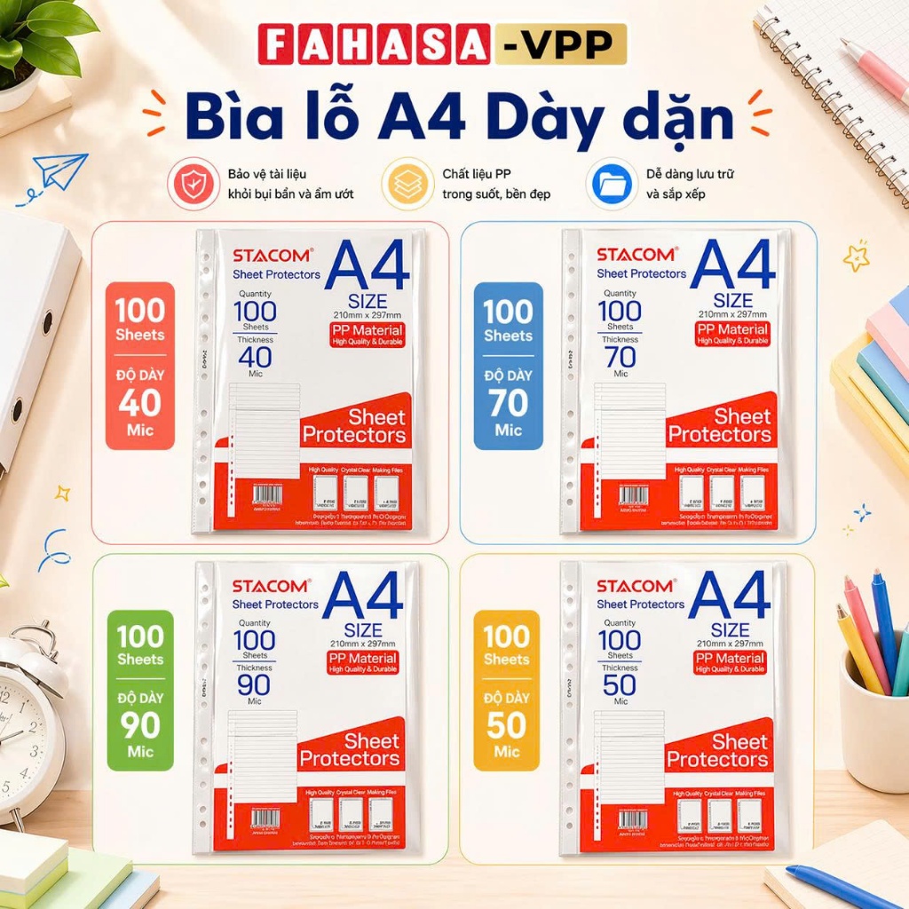 Bìa Lá/Bìa Lỗ A4 Dày Dặn Stacom/Officetex