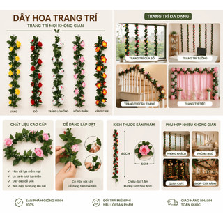 {Siêu Rẻ}-Dây Leo Hoa Hồng Lụa 2M Trang Trí – Hoa Giả Cao Cấp, Treo Tường, Cổng Vòm, Decor Tốt Nghiệp, Ban Công