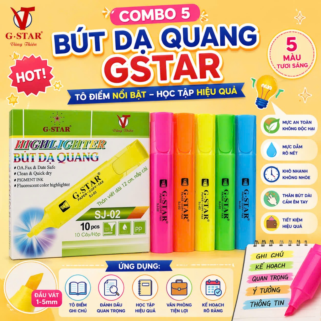 Combo 5 cây Bút dạ quang Gstar, bút highlight Gstar