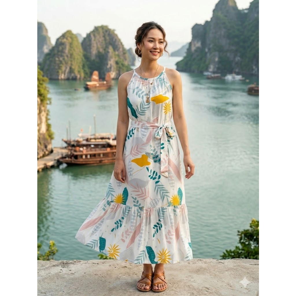 Đầm Maxi Đi Biển Họa Tiết Lá Mùa Hè - Váy Lanh Dáng Dài Thắt Đai Eo Thời Trang Nữ Hqlens (Size M-XL)