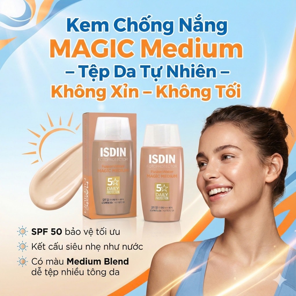 Kem Chống Nắng Isdin Fusion Water Magic Medium SPF50 50ml – Chống Nắng, Che Khuyêt Điểm, Dưỡng Da