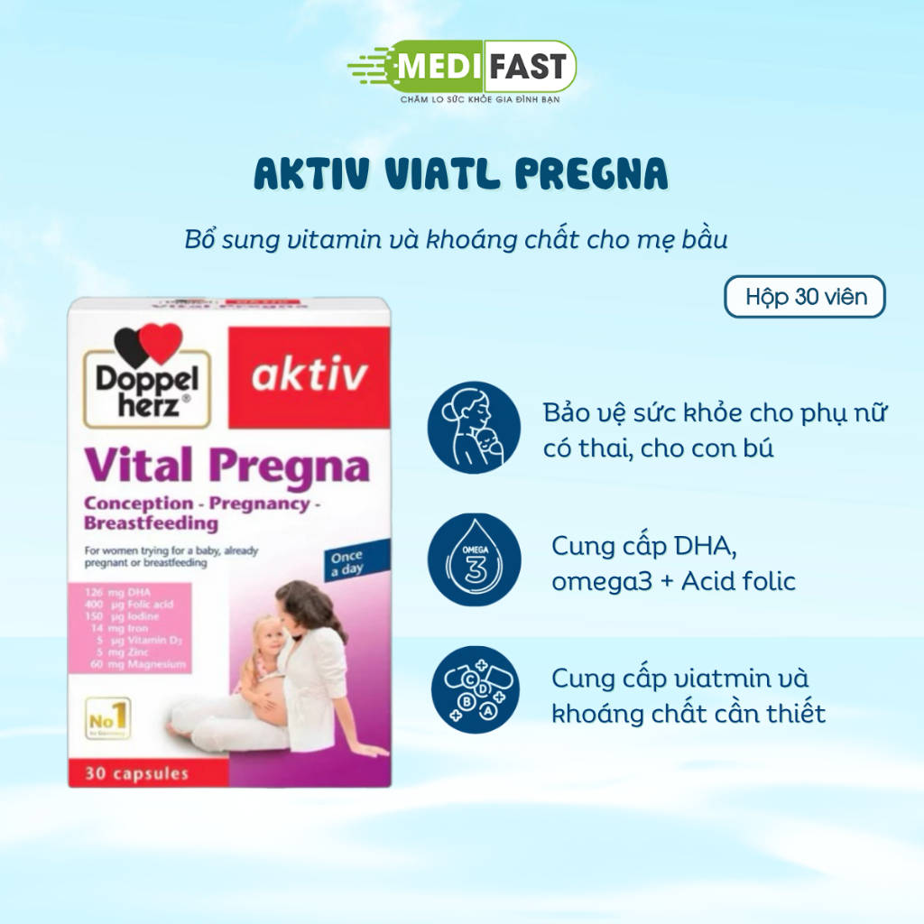 Aktiv Vital Pregna Doppelherz bổ sung vitamin và khoáng chất cho mẹ bầu trước và sau khi sinh - Hộp 