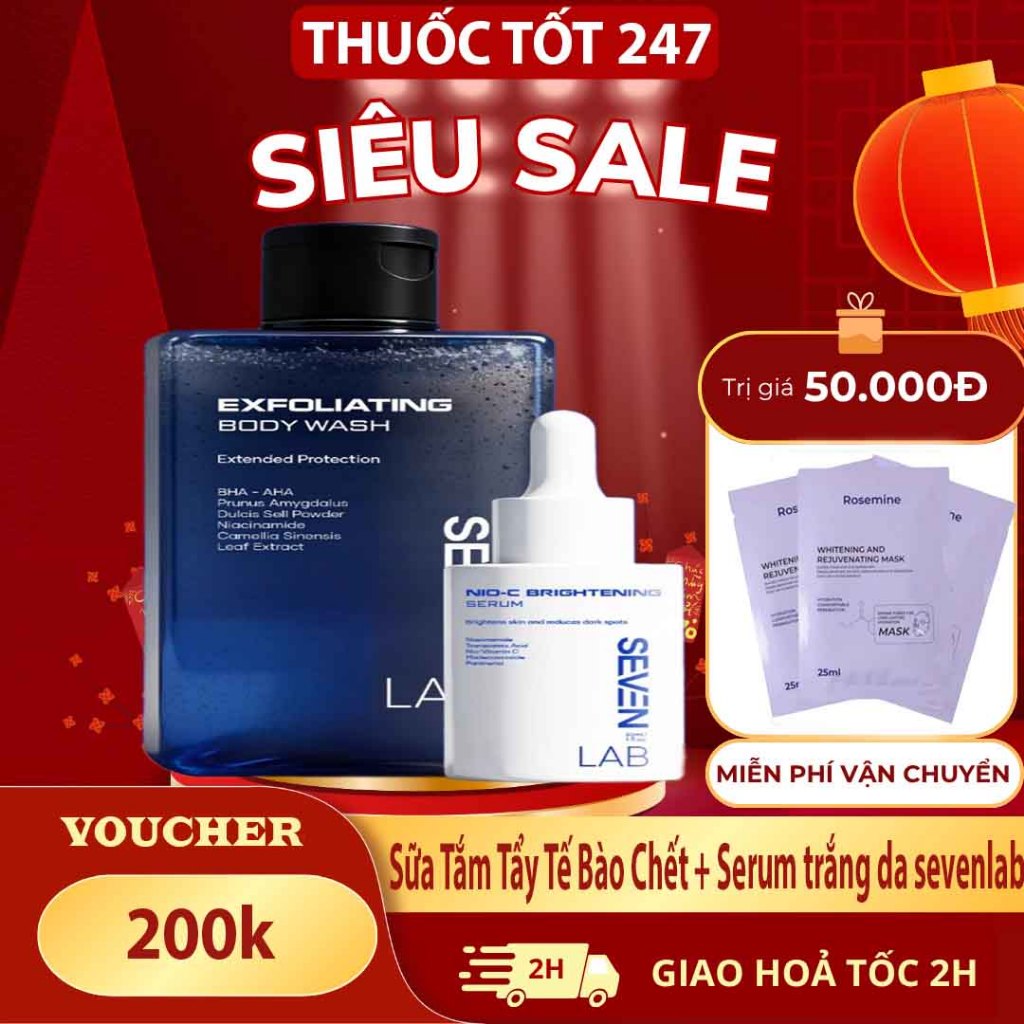 Combo sữa tắm & serum dưỡng trắng da nam SEVENLAB giúp ngăn ngừa mụn lưng, cơ thể, mờ thâm, đều màu