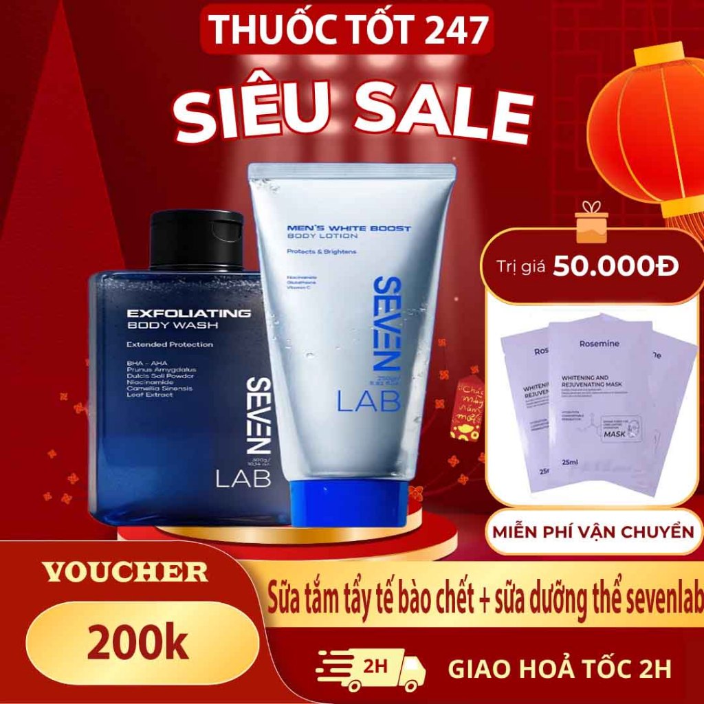 Combo sữa tắm tẩy tế bào chết và sữa dưỡng thể trắng da nam SEVENLAB giúp ngăn ngừa mụn lưng, cơ thể