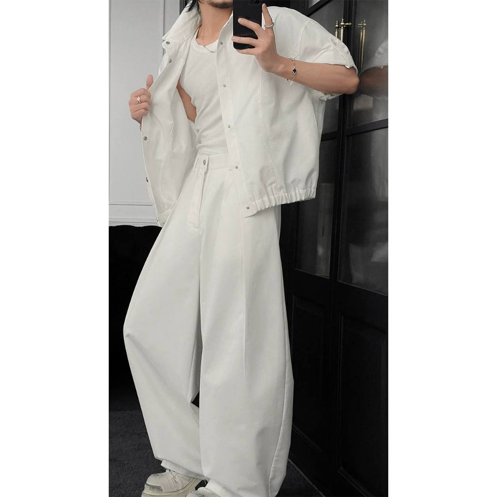 B505 - Set Kaki Cotton Muslano Form Rộng – Áo Khoác Boxy + Quần Suông Ống Rộng Unisex (Đen/Trắng)