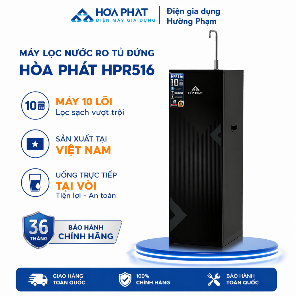 Máy lọc nước RO tủ đứng Hòa Phát HPR516 - Hệ thống 10 lõi - Bảo hành 3 năm
