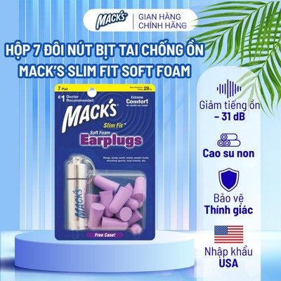 Hộp 7 đôi nút bịt tai chống ồn Mack’s Slim Fit Soft Foam dành cho ngủ ngon cho tai nhỏ và nhạy cảm, cao su non mềm mại
