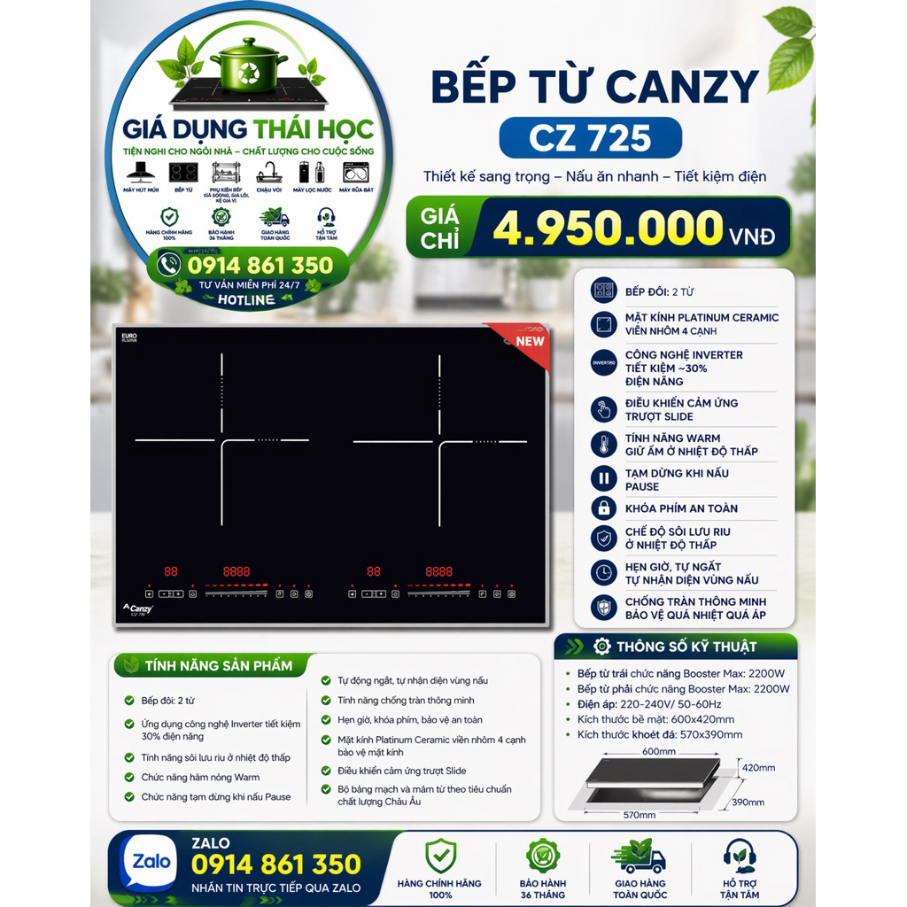 Bếp Từ Canzy CZ725 Chính Hãng – 2 Vùng Nấu, Inverter Tiết Kiệm Điện, Mặt Kính Platinum Ceramic, Bảo 