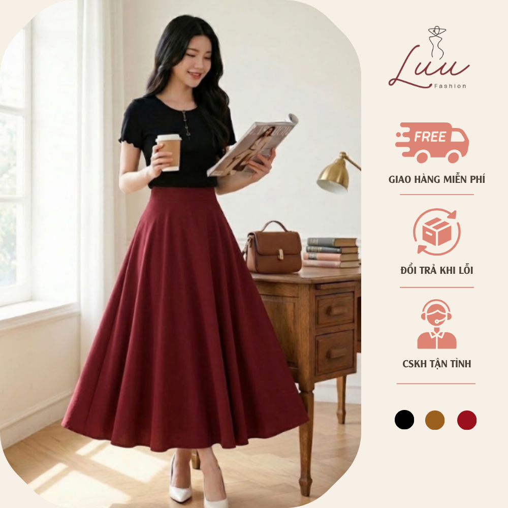 Chân váy xòe dài 90cm chất Vitex tuyết mưa có túi hai bên - Luu fashion