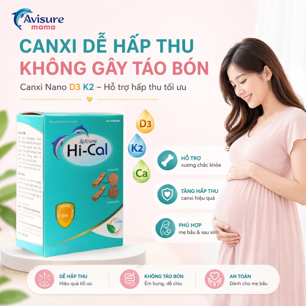 Canxi cho bà bầu Avisure Hi-Cal Canxi nano sinh học dễ hấp thu không táo bón bổ sung D3 K2