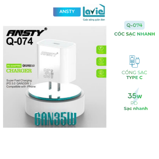 Cóc sạc nhanh Ansty Q-074 đầu sạc type C sạc nhanh tới 35w