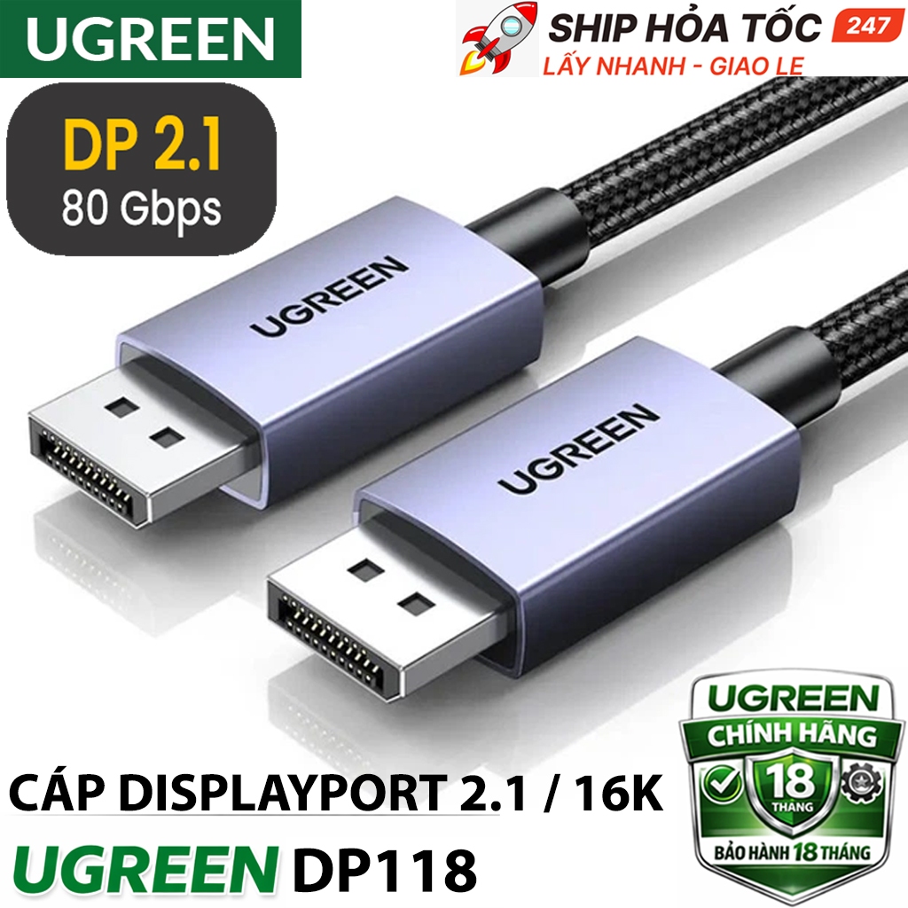 Cáp DisplayPort DP2.1 UGREEN Hỗ Trợ 16K@60Hz 4K@240Hz, Tốc Độ 80Gbps, Dây DP 2 Đầu Dương Cao Cấp